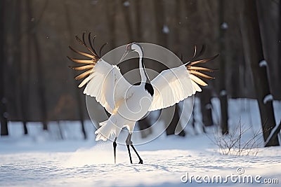 Dancing Cranes. The ritual marriage dance of cranes. The red-crowned crane. Scientific name: Grus japonensis, also called the Stock Photo