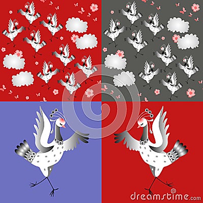 Dancing cranes. Set of vector illustration. Asian traditional background. Vector Illustration