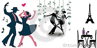 Dancing electro-swing couples romantic dinner Eiffel tower Cartoon Illustration