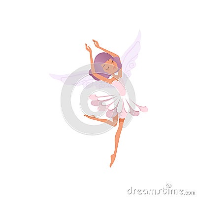 Dancing fairy girl with purple hair wearing flower shaped dress. Beautiful fairytale creature. Imaginary character with Vector Illustration