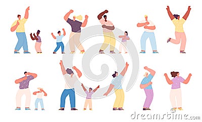 Dancing family. Happy dancer children, activities isolated parents and kids. Joyful people, laughing mother dad daughter Vector Illustration