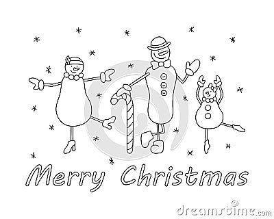 A dancing family of snowmen. Cute winter characters for postcards, banners, coloring pages. Winter symbol. Vector Vector Illustration