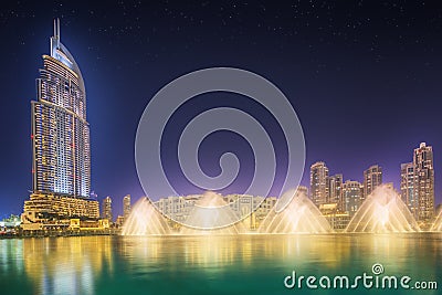 The dancing fountain Burj Khalifa in Dubai, UAE Stock Photo