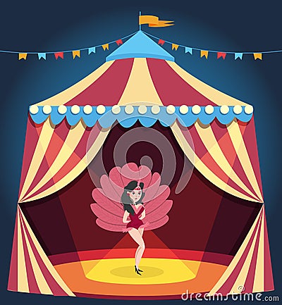 Dancing girl on circus arena. Entertaining show. Woman in burlesque corset costume with feathers. Carnival marquee Vector Illustration