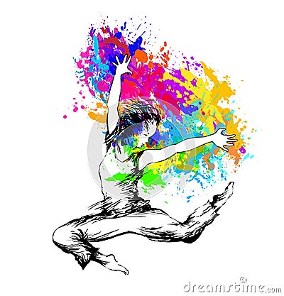 Dancing girl jumping with color splashes on white background. Vector illustration Vector Illustration