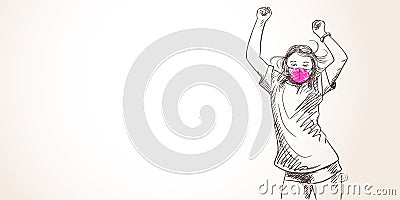 Dancing girl in pink face mask for coronavirus prevention, Hands up happy celebrating, Covid-19 pandemic quarantine Vector Illustration