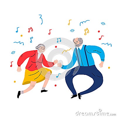 Dancing Grandparents. Elder dancers. Vector flat portrait of old cute loving couple. Cartoon style. Healthy lifestyle Cartoon Illustration