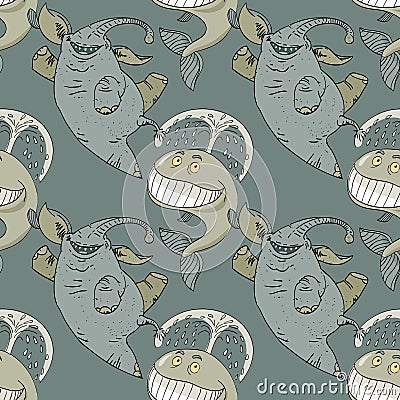 Dancing happy elephant and whale seamless pattern Vector Illustration
