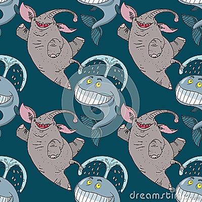 Dancing happy elephant and whale seamless pattern Vector Illustration