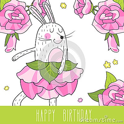 Dancing hare and roses Vector Illustration