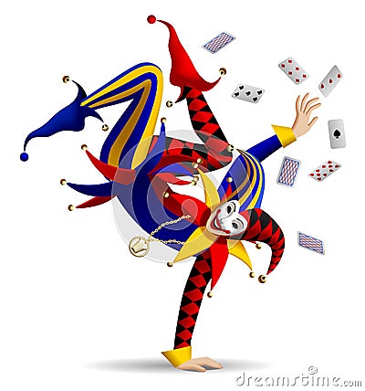 Dancing Joker with playing cards on white Vector Illustration