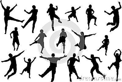 Dancing, jumping childrens and adult people, beach party silhouette set Stock Photo