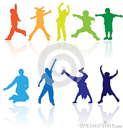 Group of happy school active children silhouette jumping dancing playing running healthy kids child kid kinder action youth play Vector Illustration