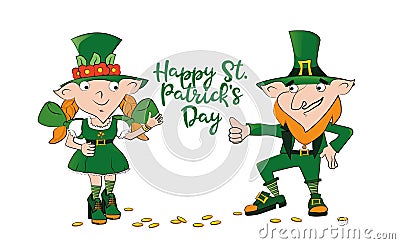 Dancing leprechaun girl and Leprechaun man. Happy St. Patricks Day celebration. Vector Illustration