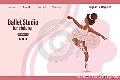 Dancing little girl ballerina on background with text Ballet studio for children. Banner, web illustration Vector Illustration