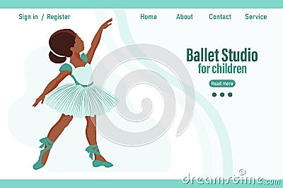 Dancing little girl ballerina on background with text Ballet studio for children. Banner, web illustration, vector Vector Illustration