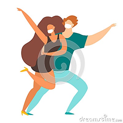 Dancing masked people vector illustration. Self- isolation at home concept. Vector Illustration