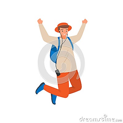 Dancing modern student boy, jump up, in orange pants Vector Illustration