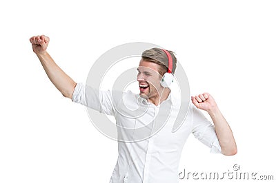 Dancing music. Man listening favourite song in headphones and dancing. Man happy face enjoy listening music radio Stock Photo