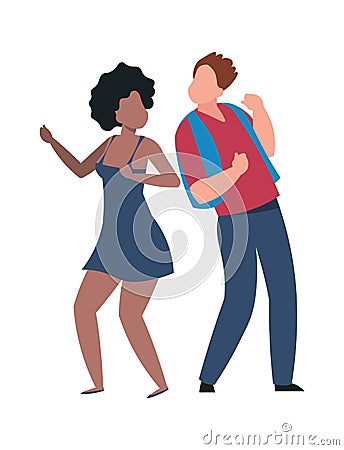 Dancing pair. Cartoon dancers. Cheerful dance characters. Man and woman moving to music. People in disco club. Romantic Vector Illustration