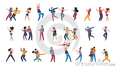 Dancing pairs. People dance alone, couples having fun at disco party. Dancers move to music in club or musical festival Vector Illustration