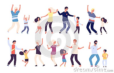 Dancing parents with kids. Happy children dad and mom dance family woman man child dancers. Isolated vector cartoon Vector Illustration