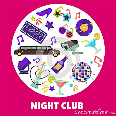 Dancing party night club disco ball and limousine Vector Illustration