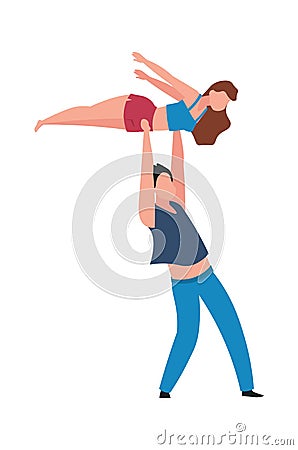 Dancing people. Cartoon couple performing choreographic element. Isolated pair of professional dancers showing trick Vector Illustration