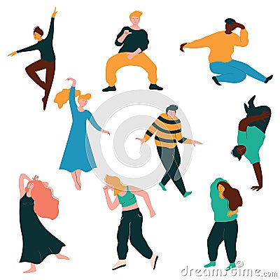 Dancing People Collection, Young Men and Women Dancing Modern and Classical Dance, Male and Female Characters Having Fun Vector Illustration