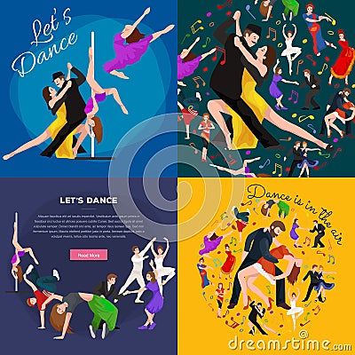 Dancing People, Dancer Bachata, Hiphop, Salsa, Indian, Ballet, Strip, Rock and Roll, Break, Flamenco, Tango Vector Illustration