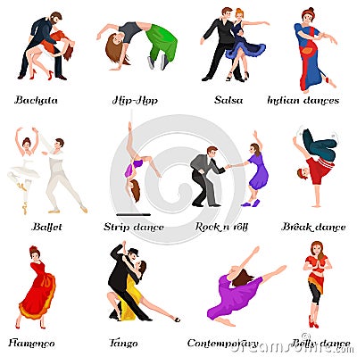 Dancing People, Dancer Bachata, Hiphop, Salsa, Indian, Ballet, Strip, Rock and Roll, Break, Flamenco, Tango Vector Illustration