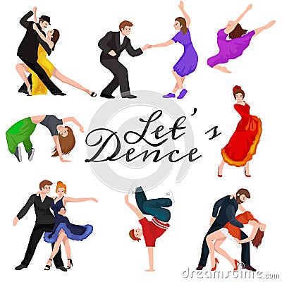 Dancing People, Dancer Bachata, Hiphop, Salsa, Indian, Ballet, Strip, Rock and Roll, Break, Flamenco, Tango Vector Illustration