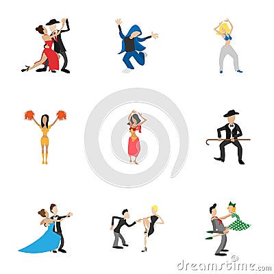 Dancing people icons set, cartoon style Vector Illustration