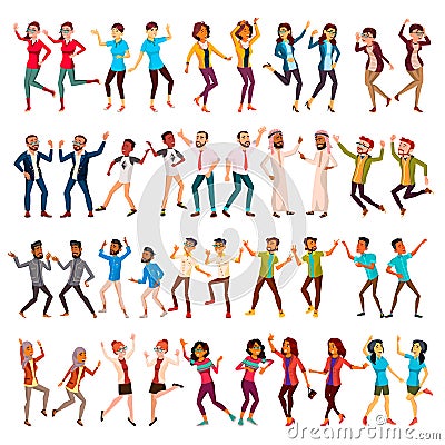 Dancing People Set Vector. Celebrating Dances. Dancing People Moves. Holiday Vacation Party. People Listening To Music Vector Illustration