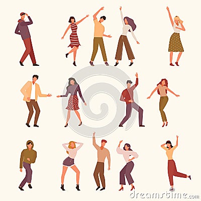 Dancing people. young persons male and female jumping and dancing on dancehall active celebrates. Vector characters Vector Illustration