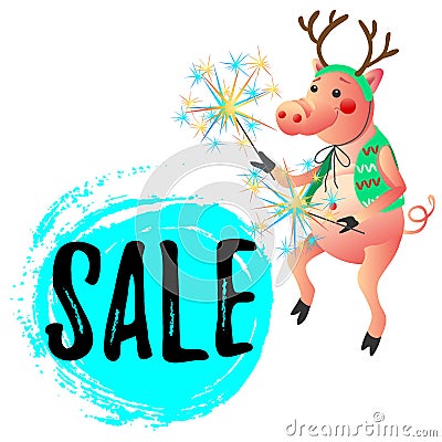 Dancing pig with sparklers New Year Sale Vector Illustration