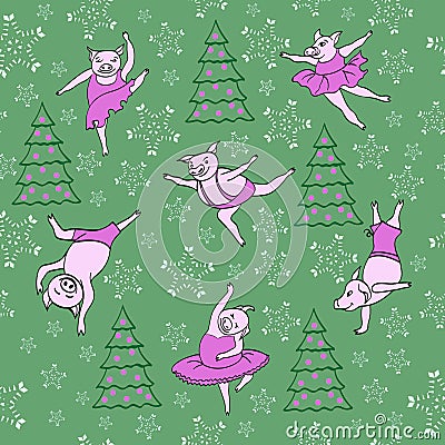 Dancing piglets. Christmas story. Pattern Vector Illustration