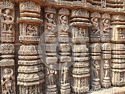 Dancing postures with musicians on the walls of Sun Temple, Konark Editorial Stock Photo