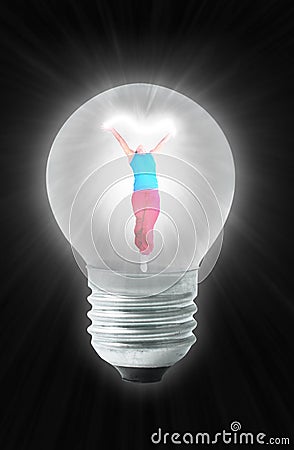 Dancing power woman in Light bulb collage Stock Photo