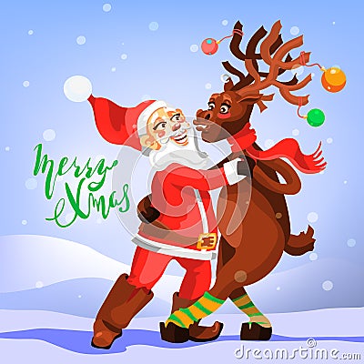 Dancing Santa Claus with Christmas Reindeer. Funny and cute Merry Christmas greeting card Vector Illustration