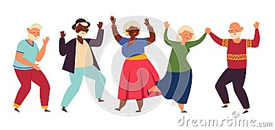 Dancing seniors. Elderly party, senior people dance fun. Old friends, isolated happy active grandparents, diverse Vector Illustration