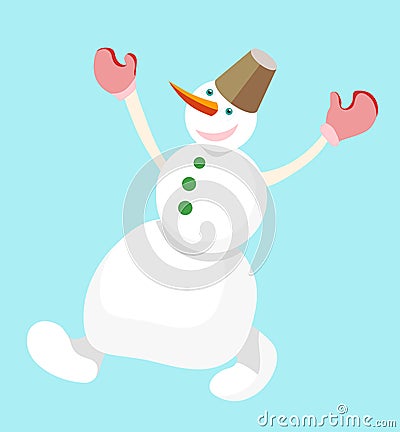 Dancing snowman with a bucket on his head on a blue background. Vector Illustration