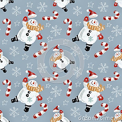 Dancing snowman with Santa hat and candy canes seamless digital pattern Stock Photo