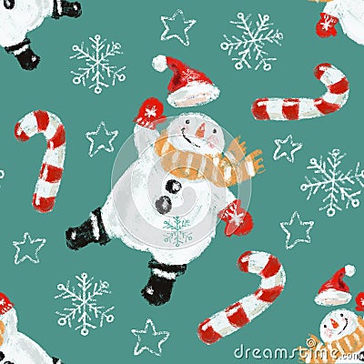 Dancing snowman with Santa hat and candy canes seamless digital pattern Stock Photo