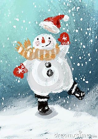 Dancing snowman with Santa hat digital illustration Cartoon Illustration