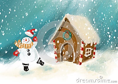 Dancing snowman with Santa hat and a gingerbread house digital illustration Cartoon Illustration