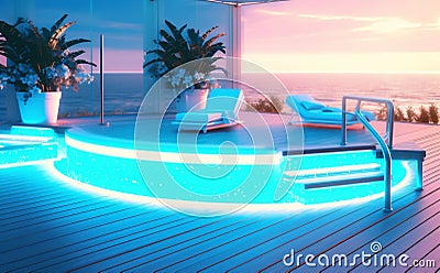 holiday vacation resort night pool luxury summer water large light. Generative AI. Stock Photo