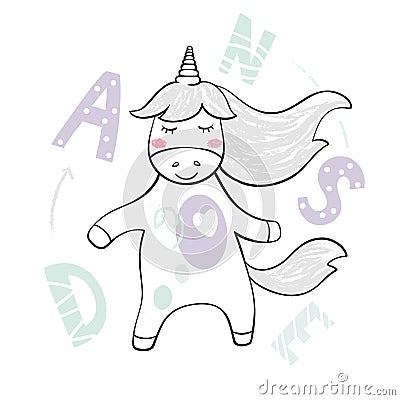 Dancing unicorn baby print. Cute animal listens to music with simple abstract design. Vector Illustration