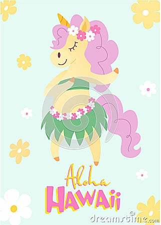 Dancing unicorn on an island vacation. Vector tropical card Stock Photo