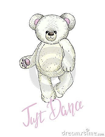 Dancing white plush teddy bear, vector image Vector Illustration